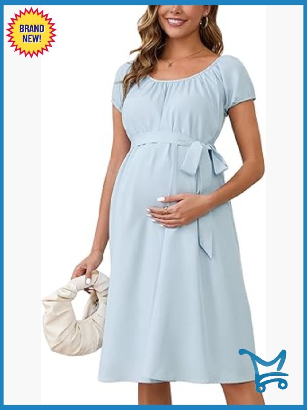 Maternity Midi Dress Short Sleeve Flowy Boho Tie Waist Pleated Babydoll Dress